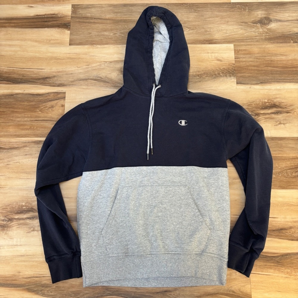 Champion Hoodie Size M Colorblock Pullover Cotton Blend Athletic Navy Gray